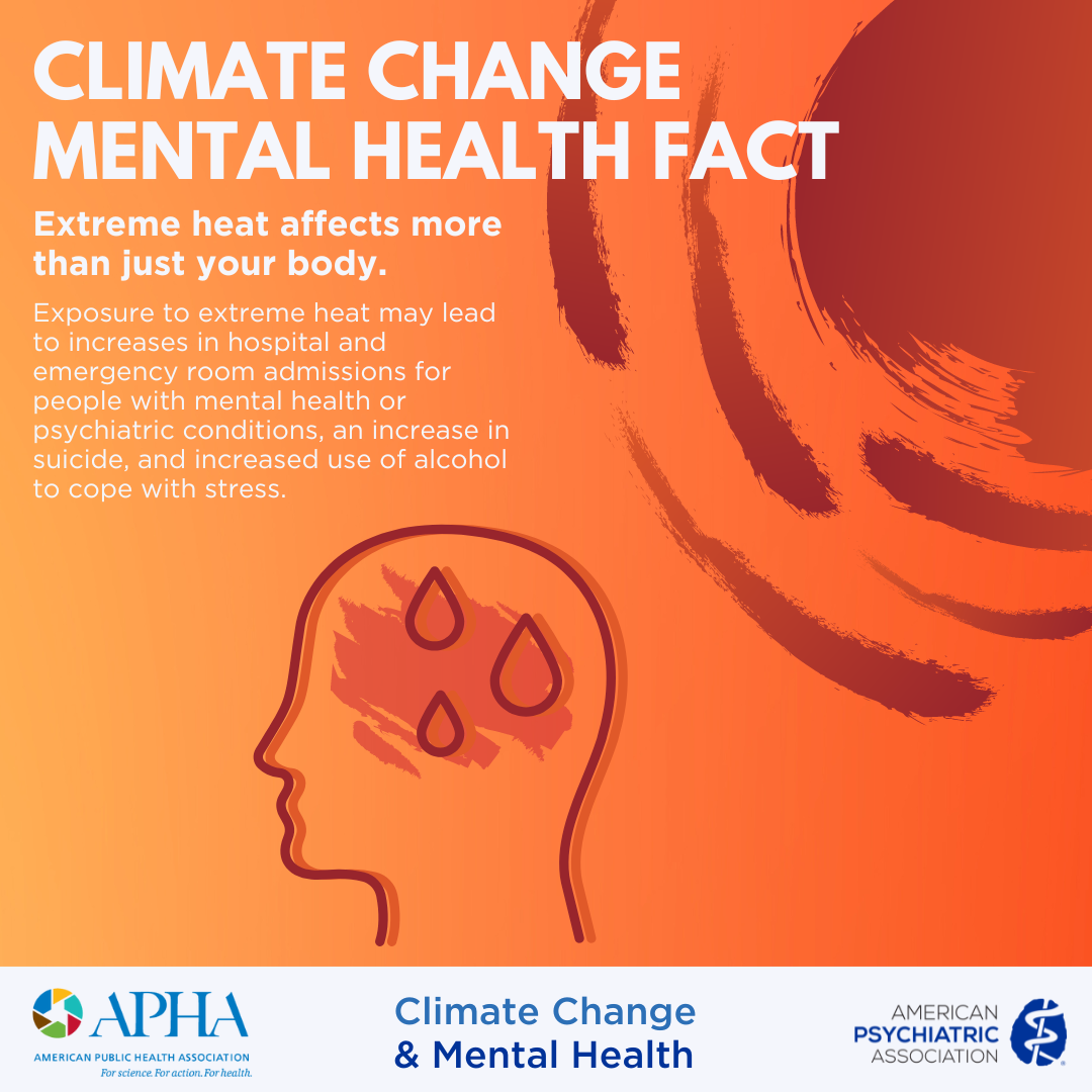 climate change mental health fact:  extreme heat affects more than just your body. Exposure to extreme heat may lead to increases in hospital and emergency room admissions for people with mental health or psychiatric conditions, an increase in suicide, and increased use of alcohol to cope with stress