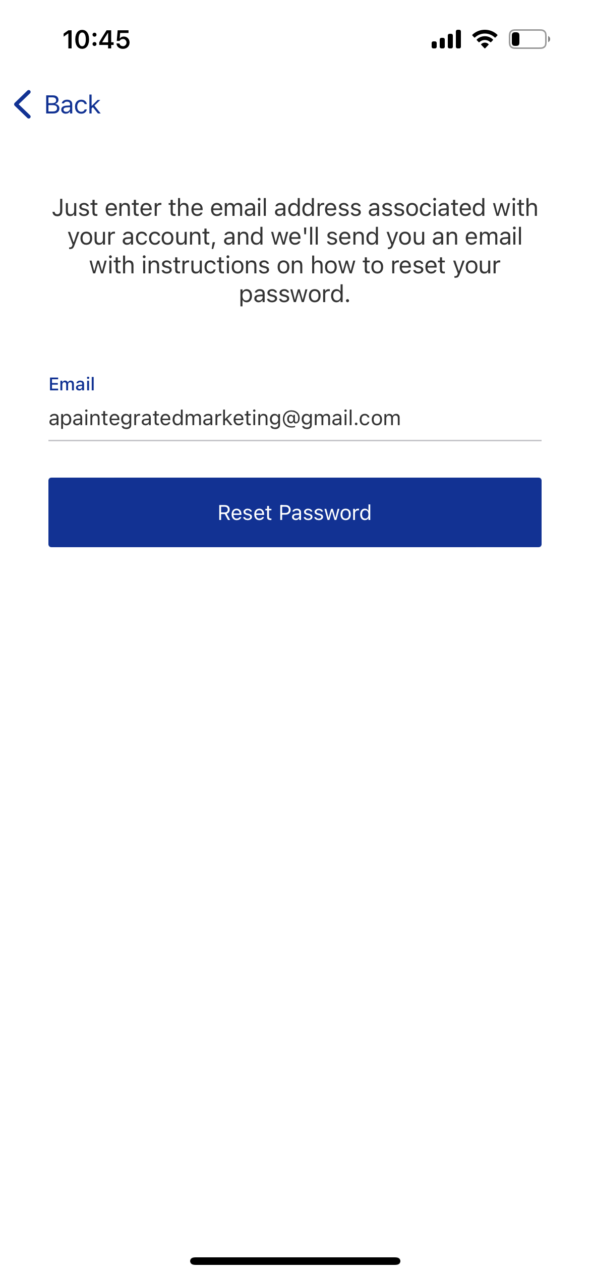 Screenshot of phone screen with the app open with the email field to reset password