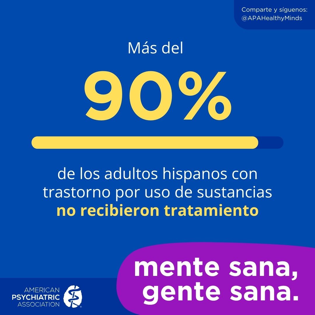 •	Comparte y síguenos: @APAHealthyMinds
Más del 90% de los adultos hispanos con trastorno por uso de sustancias no recibieron tratamiento
Mente sana, gente sana. American Psychiatric Association