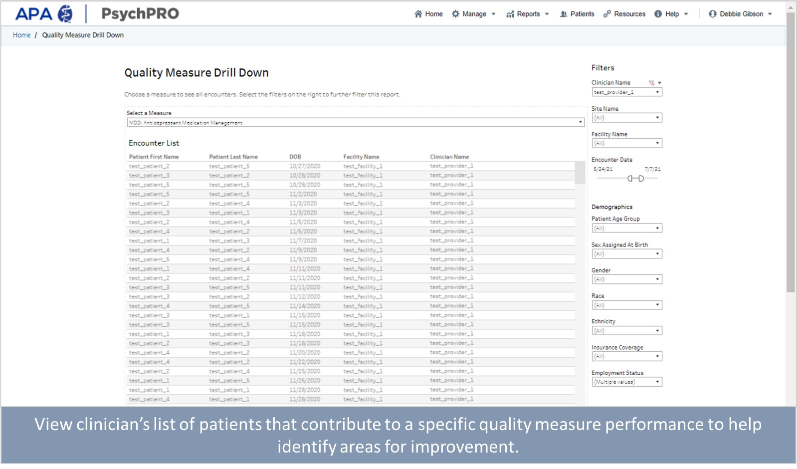 Screenshot of the view of the Dashboard in the PsychPRO Portal with the text View clinician's list of patients that contribute to a specific quality measure performance to help identify area for improvement.