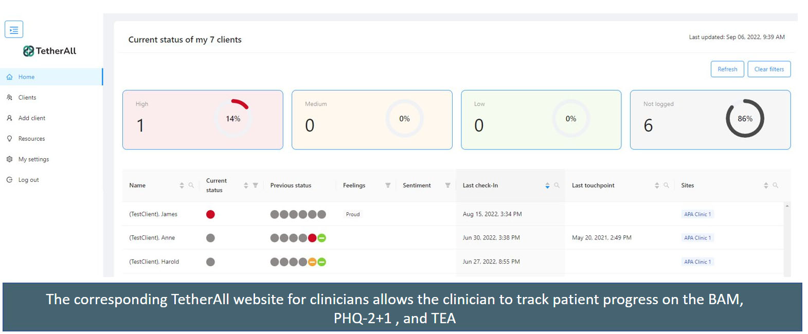 Screenshot of the TetherAll App dashboard with the text The corresponding TetherAll website for clinicians allows the clinician to track patient progress on the BAM, PHQ 2+1, and TEA.