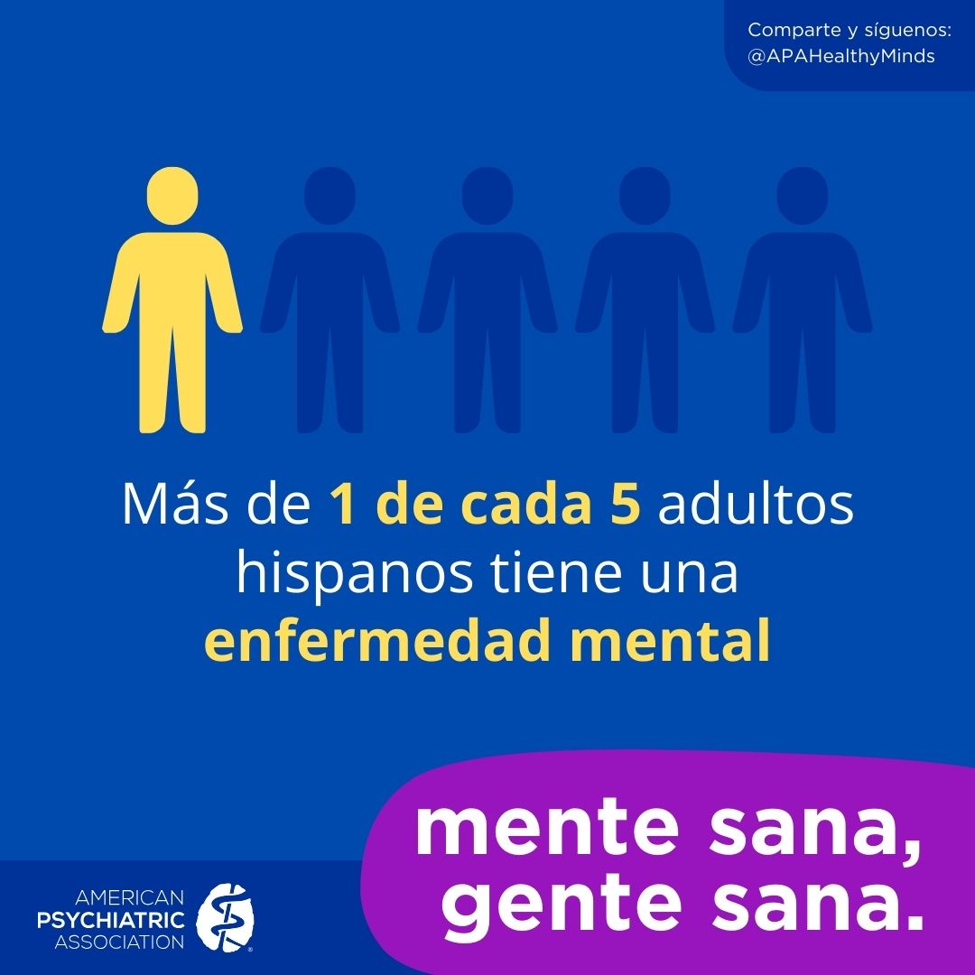 •	Comparte y síguenos: @APAHealthyMinds
Más de 1 de cada 5 adultos hispanos tiene una enfermedad mental
Mente sana, gente sana. American Psychiatric Association
