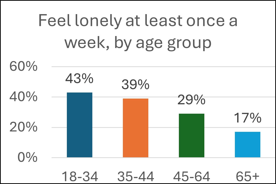 feel lonely at least once a week:  43% 18-25 years; 39% 35-44 yrs; 29% 45-64 yrs; 17% 65+