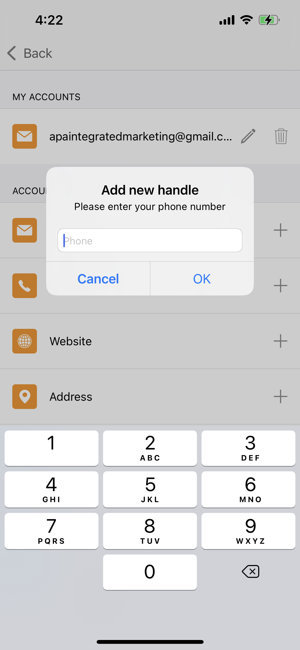 Screenshot of the details of editing your phone number in the Edit Private Contact Information screen