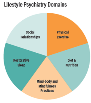 Lifestyle Psychiatry Domains; Physical activity, Nutrition, Mind-body and mindfulness practices, Restorative sleep, Social connections
 