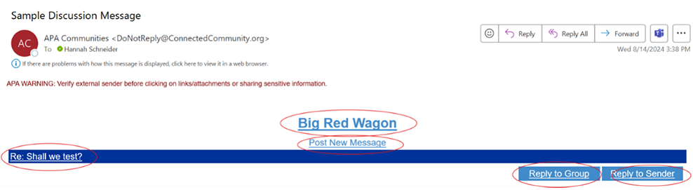 screenshot of a sample community digest email with the buttons listed in the text highlighted with red circles