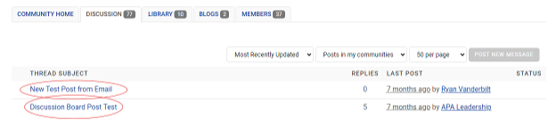 screenshot of an APA Communities discussion board with the discussion threads highlighted with a red circle
