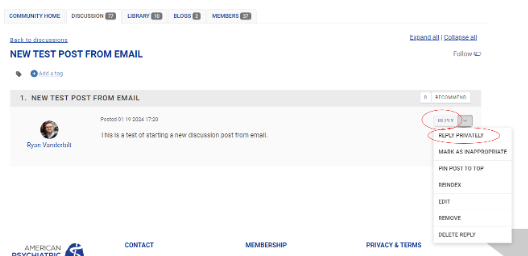 screenshot of an APA Communities discussion thread with the reply button highlighted with a red circle