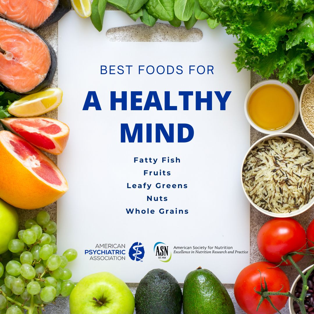 Best foods for a healthy mind; fatty fish, fruits, leafy greens, nuts, whole grains