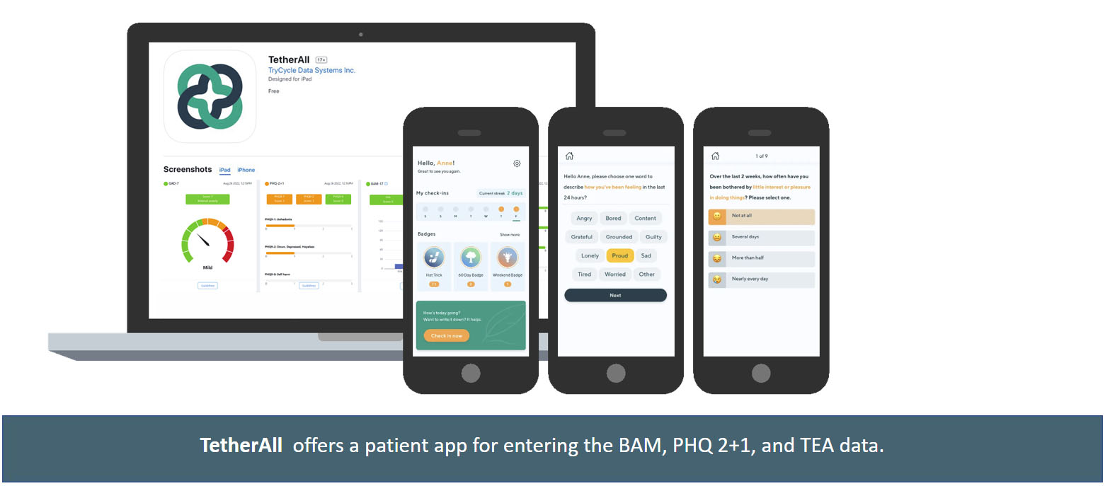 Screenshot of the TetherAll App dashboard with the text TetherAll offers a patient app for entering the BAM, PHQ 2+1, and TEA data.