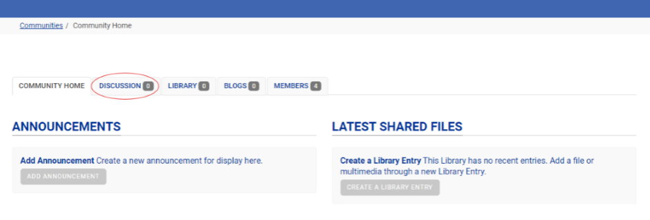 screenshot of an APA Community highlighting where the Discussion tab is located with a red circle